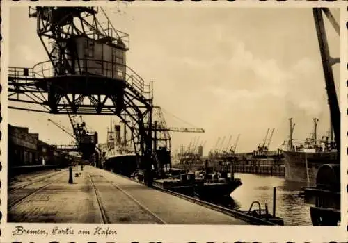 Ak Bremen, Hafen, Kräne, Schiffe