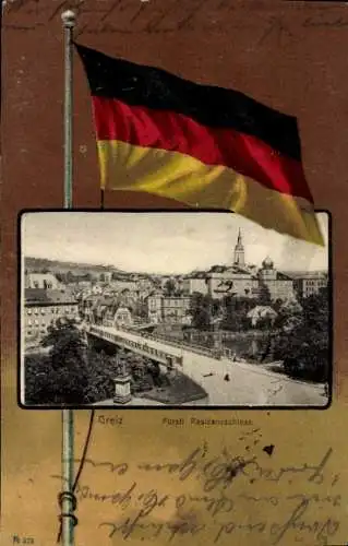 Ak Greiz im Vogtland Thüringen, Stadtansicht  Fürstliches Residenzschloss, deutsche Flagge