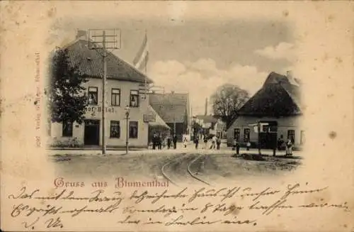 Ak Blumenthal Prötzel in der Mark, Historisches Gebäude, Straßenbahnschienen, Spaziergänger, Grüß