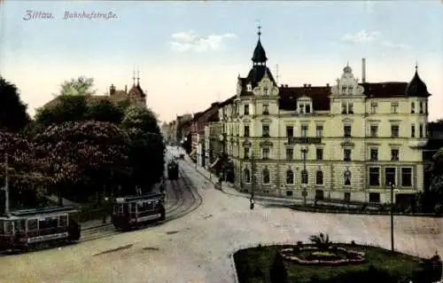 Ak Zittau in Sachsen, Bahnhofstraße, Straßenbahn, Hotel Hütter