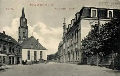 Ak Neugersdorf in der Lausitz, Kirche, Hotel Stadt Zittau, Straße