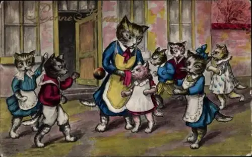 Künstler Ak Glückwunsch Neujahr, vermenschlichte Katzen, Katzenkinder