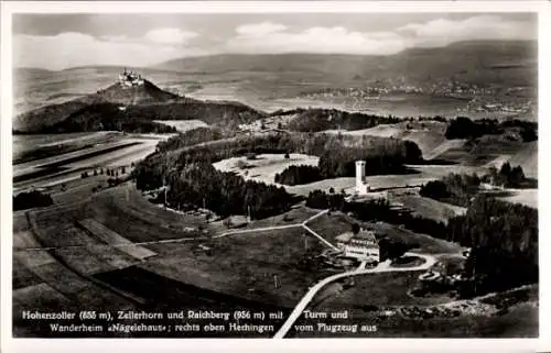 Ak Hechingen im Zollernalbkreis, Luftaufnahme, Hohenzoller, Zellerhorn, Raichberg, Wanderheim Näg