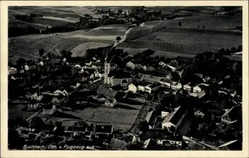 Ak Buchbach in Oberbayern, Luftaufnahme von  Landschaft, Kirche, Wohnhäuser
