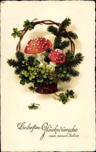 Ak Glückwunsch Neujahr, Fliegenpilze, Klee