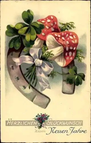 Ak Glückwunsch Neujahr, Hufeisen, Fliegenpilze, Kleeblätter