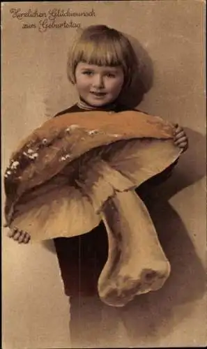 Ak Glückwunsch Geburtstag, Mädchen mit Pilz