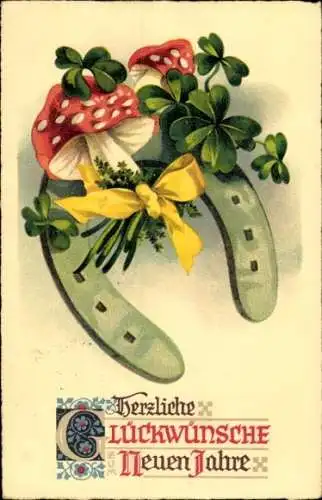 Ak Glückwunsch Neujahr, Fliegenpilz, Schleife, Hufeisen, Kleeblätter