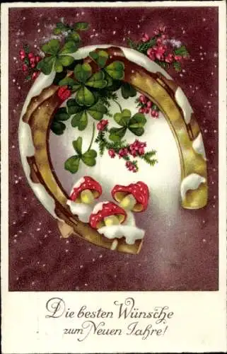 Ak Glückwunsch Neujahr, Kleeblatt, Hufeisen, Fliegenpilze