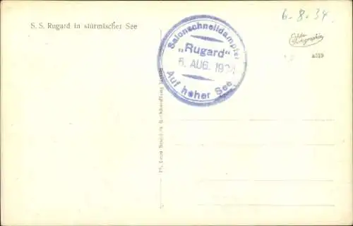 Ak Dampfer Rugard in stürmischer See
