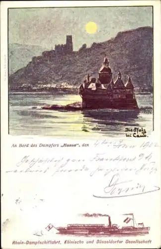 Ak Caub Kaub am Rhein, Burg Pfalzgrafenstein, Pfalz, Dampfer Hansa