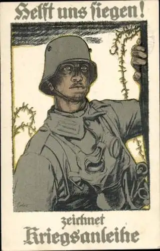 Künstler Ak Erler, Helft uns siegen, zeichnet Kriegsanleihe, Soldat in Stahlhelm mit Gasmaske, I. WK