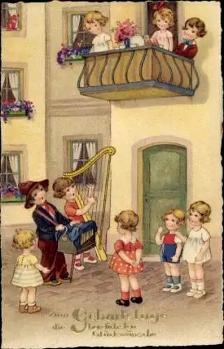 Ak Glückwunsch Geburtstag, Kinder, Gratulanten, Geburtstagskind, Musikinstrument
