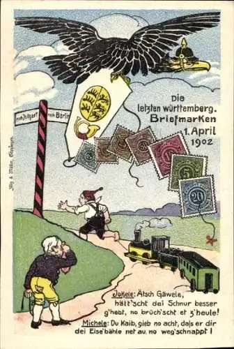 Briefmarken Ak Die letzten württembergischen Briefmarken, 1. April 1902, Deutscher Adler, Dt. Michel