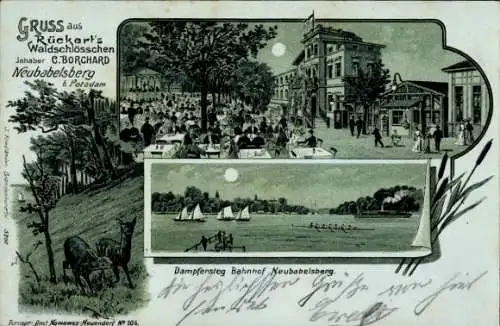 Mondschein Litho Neu Babelsberg Neubabelsberg Potsdam, Rückerts Waldschlösschen, Dampfersteg