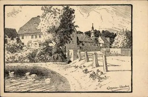 Künstler Ak Wessner-Collenbey, Burgliebenau Schkopau, Uferpartie am Teich, Kirchturm