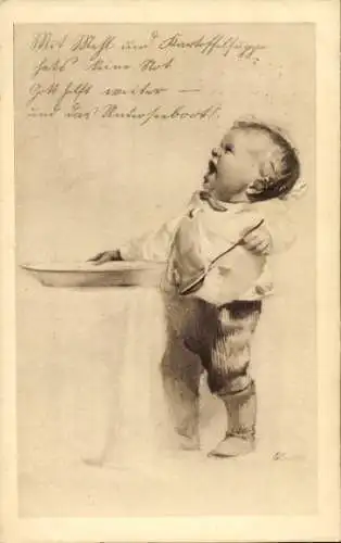 Ak Weinendes Baby, Teller, Löffel