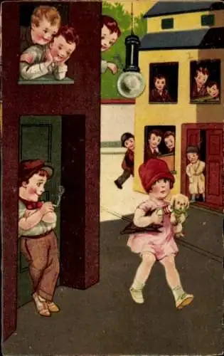 Ak Jungen beobachten ein schönes Mädchen, Rauchendes Kind