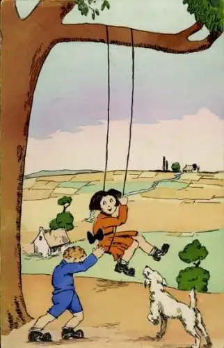 Künstler Ak Spielende Kinder, Schaukel, Hund