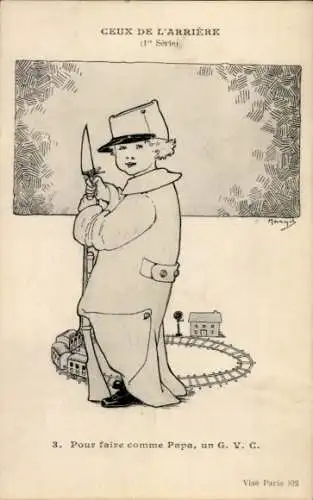 Ak Junge in Uniform, Französischer Soldat, Bajonett, Spielzeuge, Eisenbahn