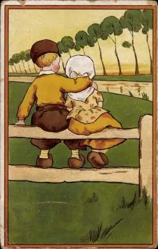 Ak Niederländische Tracht, Liebespaar, Zaun, Umarmung
