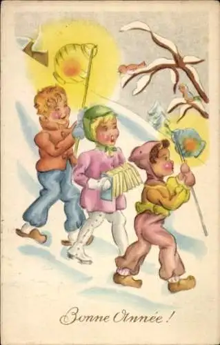 Ak Glückwunsch Neujahr, Kinder, Lampions, Harmonika