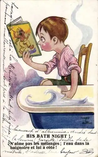 Künstler Ak Junge liest ein Buch, Heißes Bad, Badewanne
