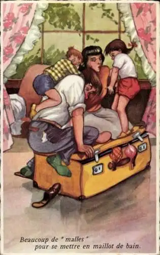 Ak Familie versucht, Kleidung in den Koffer zu packen