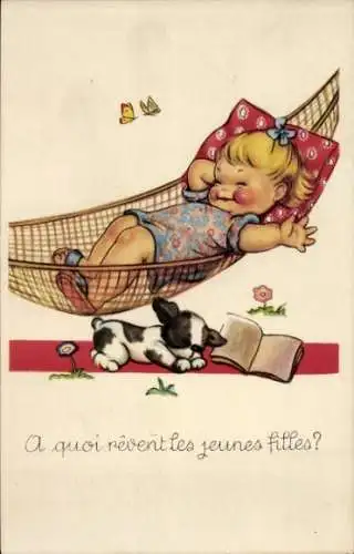 Ak Schlafendes Mädchen in der Hängematte, Hund, Schmetterling