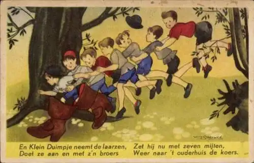 Ak Mädchen Der kleine Däumling, Kinder im Wald, Große Schuhe