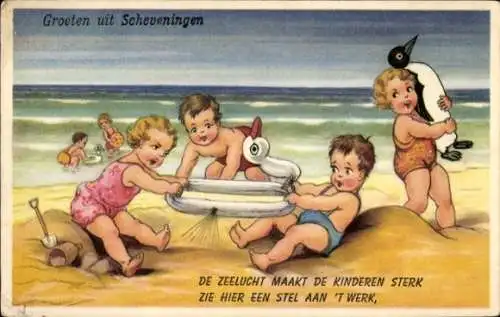 Ak Kinder am Strand, Streit, Bademode, Badeanzüge, Strandleben