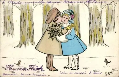 Künstler Ak Liebespaar, Kuss, Mistelzweige