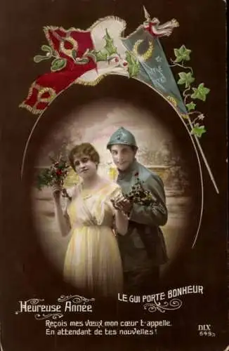 Ak Fröhliches Neujahr, französischer Soldat mit einer Frau, Fahne
