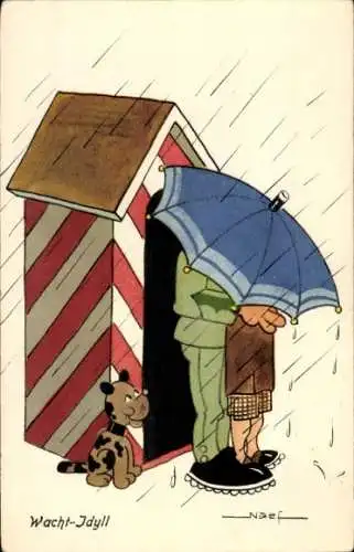 Künstler Ak Naef, Wacht-Idyll, Schweizer Soldat mit Frau unter einem Regenschirm