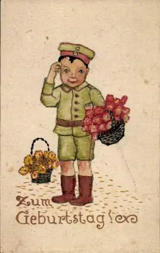 Ak Glückwunsch Geburtstag, Junge in Uniform, Blumenkorb