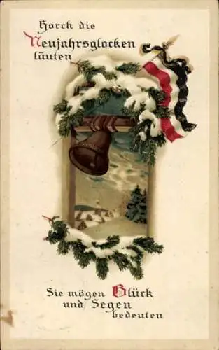 Ak Glückwunsch Neujahr, Glocke, Fahne, Tannenzweige