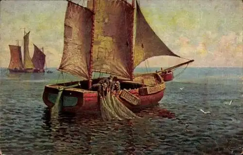 Künstler Ak Fischerboot, Fischer ziehen Netz aus dem Meer