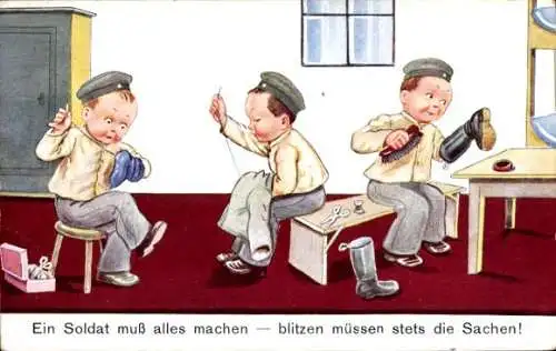 Ak Soldatenleben, Soldaten beim Putzen ihrer Sachen
