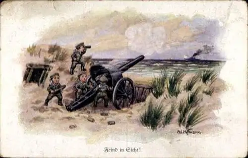 Künstler Ak Hofmann, Feind in Sicht, Kinder in Uniform, Geschütz