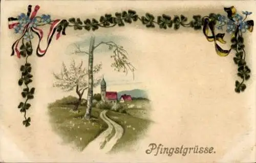 Ak Glückwunsch Pfingsten, Glücksklee, Blumen, Birke