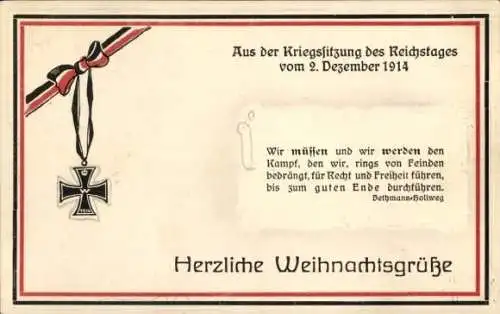 Ak Glückwunsch Weihnachten, Eisernes Kreuz, Kriegssitzung des Reichstages 1914