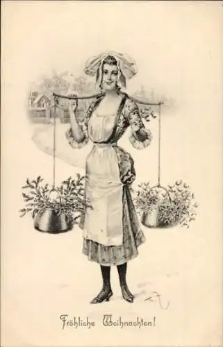 Künstler Ak Frohe Weihnachten, Frau in Tracht