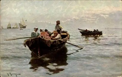 Künstler Ak Menschen im Ruderboot