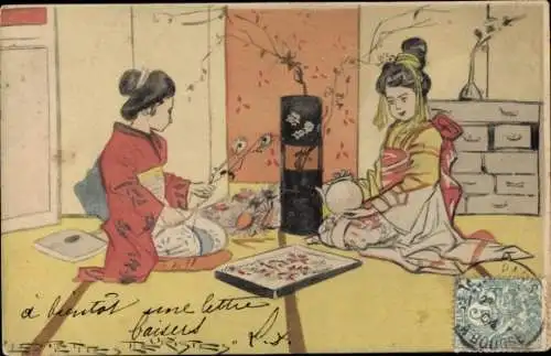 Ak Agen Lot et Garonne, Zwei Japanerinnen in traditioneller Kleidung sitzen auf dem Boden und ...