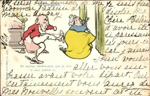 Künstler Ak Mann tritt Frau weg