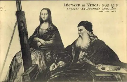 CPA Leonard de Vince peignant La Joconde