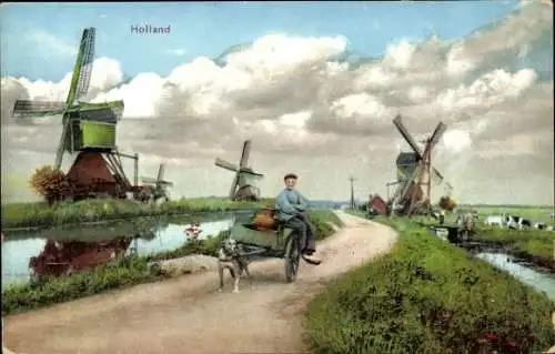 Ak Niederlande, Windmühlen, Arbeitshund, Hundekarren