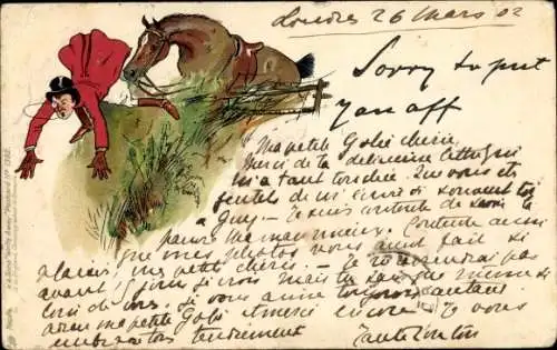 Litho Nobler Mann vom Pferd gestürzt, Monokel, Lebensrettung