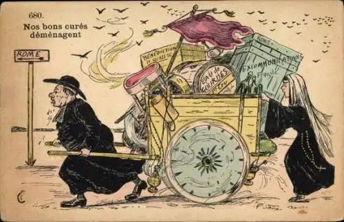 Künstler Ak Priester und Nonne auf dem Weg nach Rom, Umzug, Gepäck