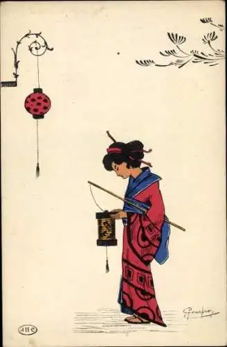 Künstler Ak Japanerin in Volkstracht, Lampion